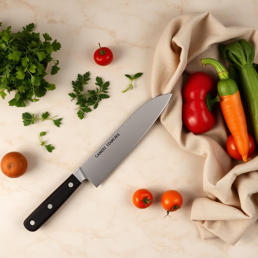 Chef's knife with fresh herbs and vegetables
